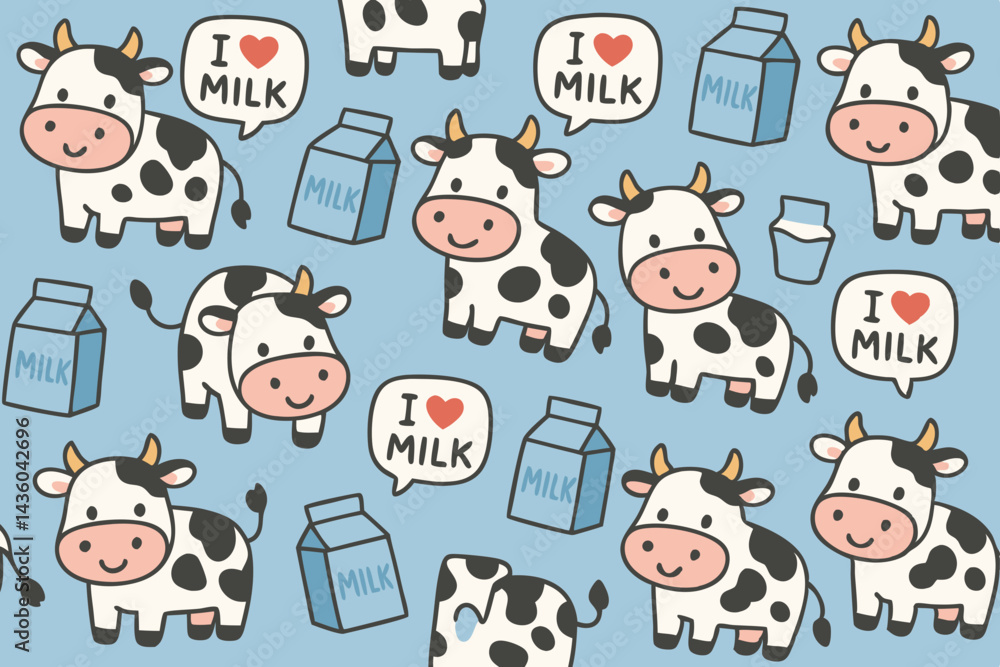 Playful Seamless Vector Pattern featuring Happy Cartoon Cows, Milk Cartons, and Fun 'I Love Milk' Bubbles. Cute Dairy Animal Background Design for Kids, Wrapping Paper, Textiles. Playful Seamless Vector Pattern featuring Happy Cartoon Cows, Milk Cartons, and Fun 'I Love Milk' Bubbles. Cute Dairy Animal Background Design for Kids, Wrapping Paper, Textiles.