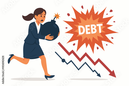 Stressed businesswoman carries ticking bomb, escaping massive debt explosion and downward financial graph, illustrating corporate crisis, market collapse, and loan default fear.