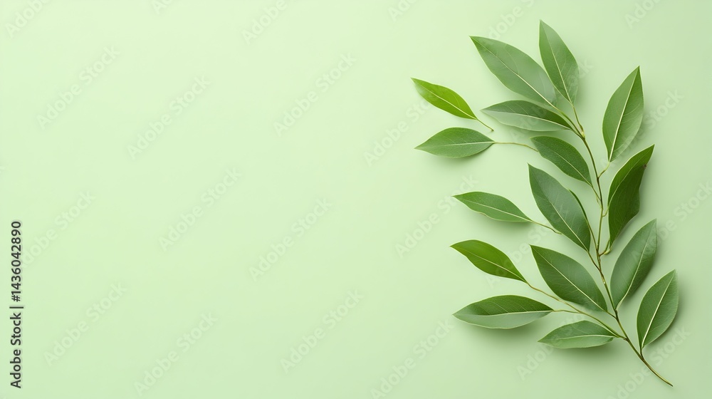 Fototapeta premium Lush green sprig on pale green background; ample copy space