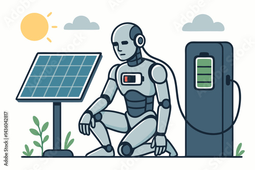 Simple Vector Graphic of Cyborg Robot Recharging Low Battery via Solar Panel and Charging Station. Future Technology, AI, Renewable Energy, Sustainable Power Concept Illustration.