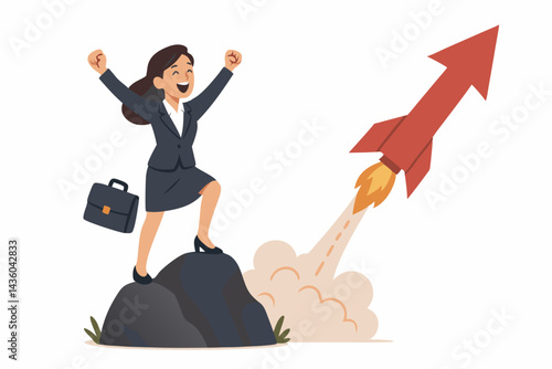 Exuberant Businesswoman Celebrating Startup Launch with Rocket Illustration, Symbolizing Entrepreneurial Success and Ambition, Vector Graphic