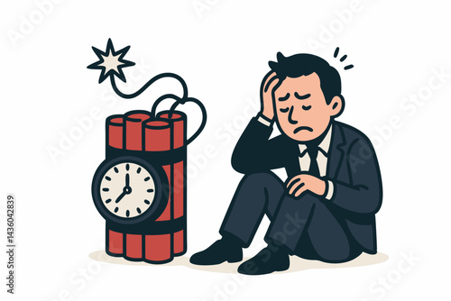 Stressed businessman under pressure facing imminent deadline crisis, illustrated concept with cartoon character sitting next to ticking dynamite time bomb, symbol of workplace anxiety burnout