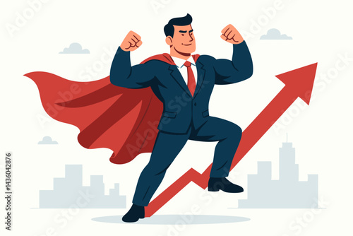 Confident Superhero Businessman in Cape Shows Strength on Growth Arrow. Vector concept illustration depicting corporate success, leadership power, and career advancement over city.
