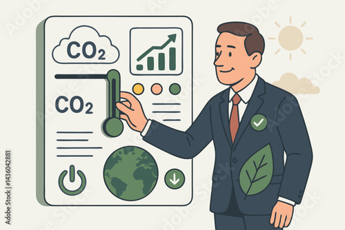 Corporate climate action concept with businessman adjusting CO2 levels on a control panel. Promoting environmental sustainability, carbon footprint reduction, and green technology. Vector graphic.