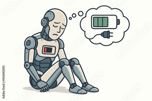 Tired humanoid robot sits depleted, dreaming of a full battery recharge. Vector illustration concept for low energy, burnout, technology power needs, or artificial intelligence fatigue.