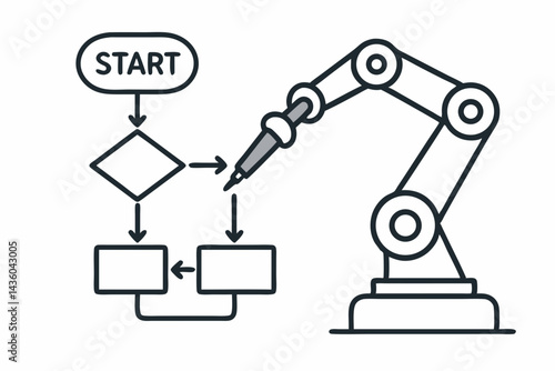 Automation concept vector icon featuring a robotic arm and flowchart diagram representing process optimization, workflow management, AI decision making, and industrial technology.