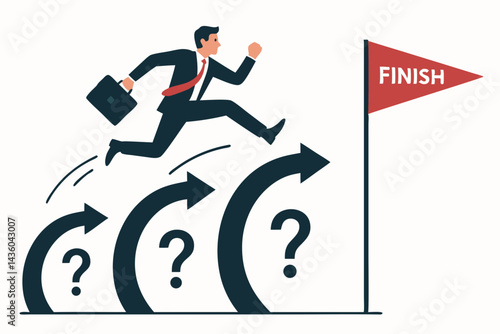 Vector illustration of a businessman with briefcase taking a risky leap over obstacles and uncertainty represented by arrows and question marks towards the finish line success.