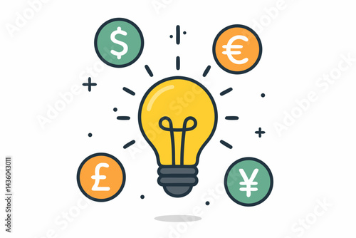 Bright idea for financial success concept. Vector lightbulb icon surrounded by international money symbols (Dollar, Euro, Pound, Yen) signifying global investment and economic innovation.