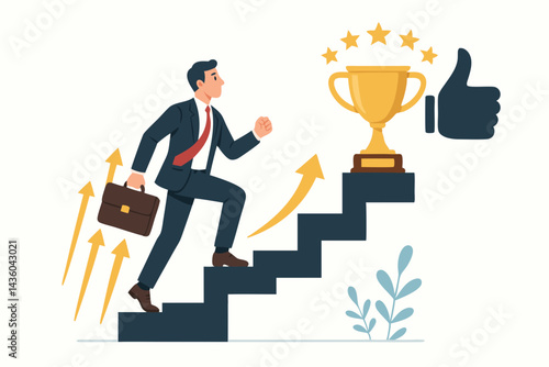 Businessman climbing stairs towards golden trophy represents career path success and achievement. Vector illustration of professional growth, ambition, reaching goals, motivation, thumbs up.