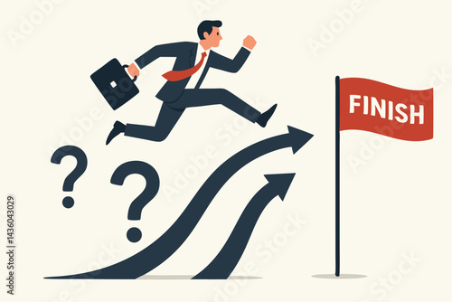Businessman leaping over question marks towards finish line flag, overcoming obstacles and uncertainty to achieve success and career growth, business vector concept illustration.