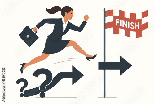 Determined businesswoman leaping over question marks and arrows, overcoming obstacles and uncertainty to reach the finish line and achieve career success vector illustration.