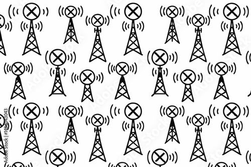 No signal communication tower seamless pattern vector background. Simple black line art icons depicting network failure, connection error, or offline status for technology concept.