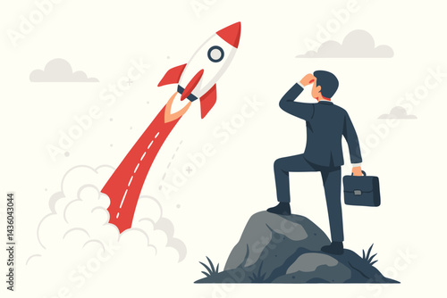 Flat vector illustration of a businessman witnessing a rocket launch, symbolizing startup success, innovation, ambition, career growth, future vision, and reaching goals.