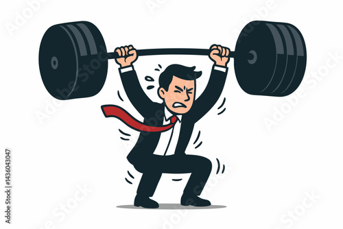 Determined cartoon businessman in suit lifting a massive barbell, symbolizing overcoming overwhelming business challenges, workload pressure, and immense effort. Vector graphic.