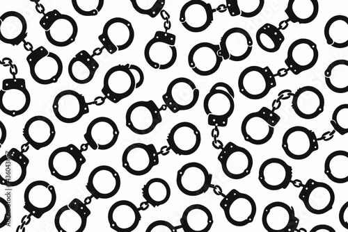 Seamless monochrome pattern of black handcuff silhouettes on a white background, vector graphic illustration for concepts like crime, justice, law enforcement, restriction, arrest, or security.