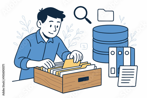 Efficient document indexing and file organization vector concept. Office worker sorting papers in archive box with database, search icon, and binder elements for streamlined data management.