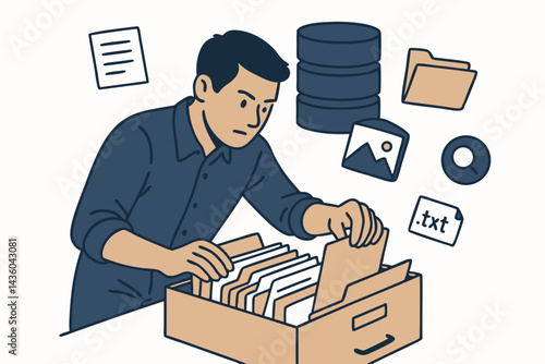 Efficient document indexing and file management concept. Man sorting through archive box with digital icons for database, search, folder, image, and text files. Data organization vector.
