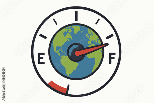 Vector graphic showing Planet Earth as a fuel gauge running on empty, symbolizing dwindling natural resources, environmental degradation, climate crisis, and energy depletion concept.