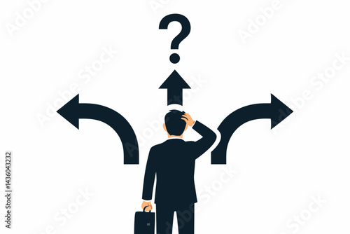 Corporate decision making concept vector illustration shows confused businessman with briefcase at a junction, choosing future path, facing dilemma and uncertainty.
