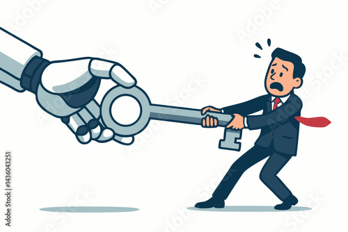 Businessman vs Robot Hand Tug of War Over Key - Concept of AI Competition, Automation Struggle, Future Control Challenge, Technological Advancement, Human Resistance Vector Art.