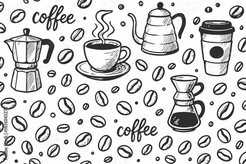 Hand-drawn coffee seamless pattern vector. Sketchy background illustration with beans, moka pot, pour-over maker, kettle, cup. Black & white doodle art for cafe menu, wallpaper, branding, fabric.