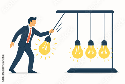 Vector illustration of a businessman initiating creative momentum using a lightbulb Newton's cradle, symbolizing innovative ideas, chain reactions, and sparking business solutions.