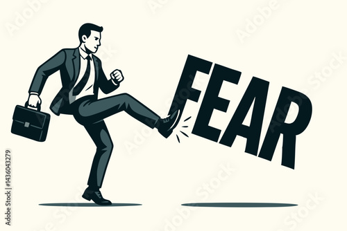 Determined businessman kicks the word FEAR, symbolizing conquering obstacles and challenges. Vector illustration showing courage, resilience, motivation, and fighting anxiety for success.