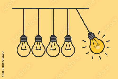 Innovation Spark: Lightbulb Newton's Cradle Illustrates Transfer of Ideas, Creative Energy Exchange, Inspiration, and Finding Business Solutions. Conceptual Vector Design.