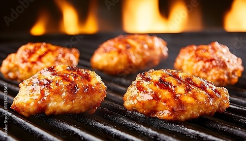 Juicy grilled chicken pieces, glistening with glaze, cook over vibrant flames