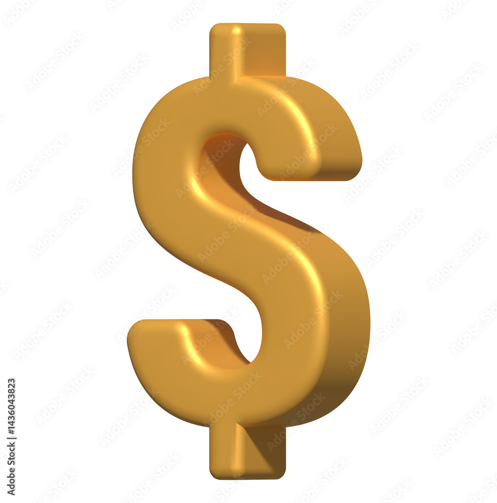 3D Shiny gold dollar sign isolated on a clean white background. wealth, finance, investment, and economic success.