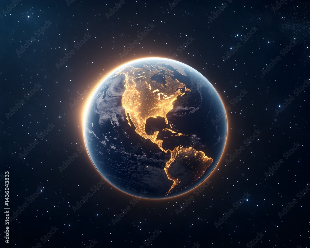 Fototapeta premium Night view of Earth, North America illuminated, stars backdrop