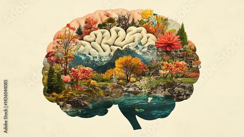 Surreal brainshaped landscape blooming with imagery nature digital art vibrant environment aesthetic viewpoint