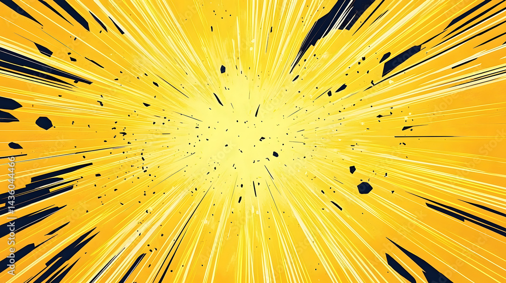 Yellow Manga anime action frame lines with halftones. Pop art retro background with exploding rays of lightning comic style, vector illustration. Abstract explosive template with speed lines