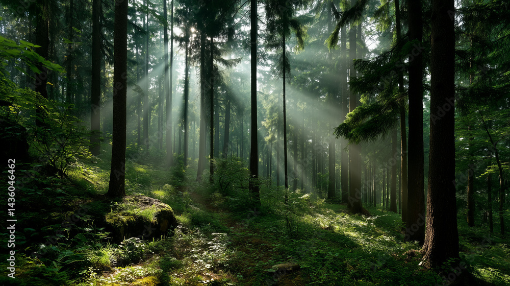 Fototapeta premium A lush forest landscape with natural greenery and soft lighting, perfect for eco-friendly themes or nature backdrops.