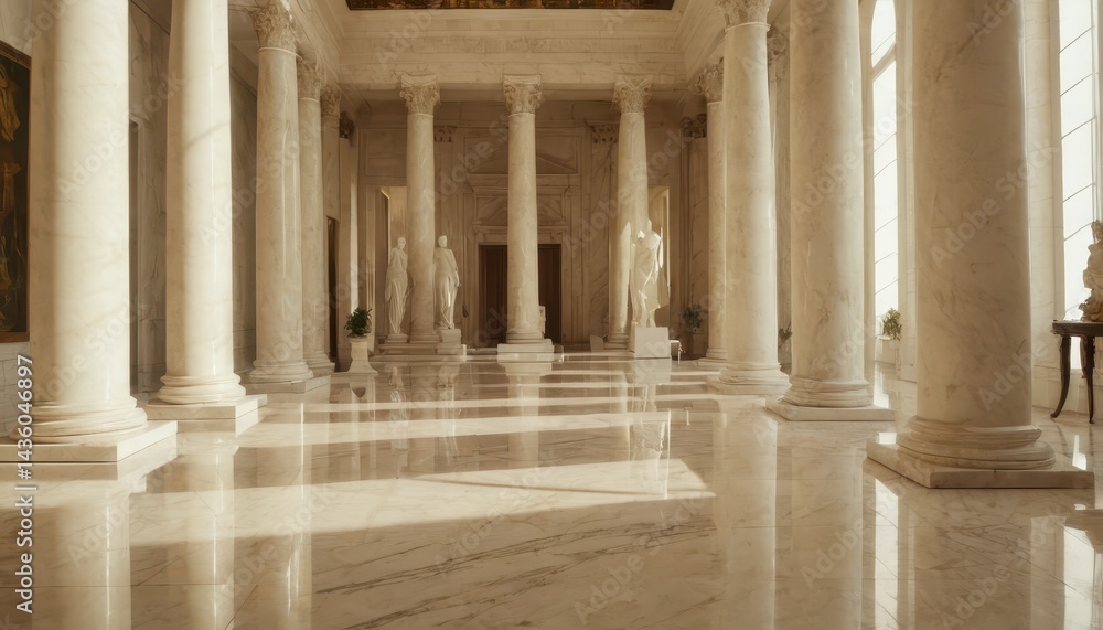 Grand Hallway with Marble Flooring and Classical Statues Architectural Photography Grand Hallway with Marble Flooring and Classical Statues Architectural Photography