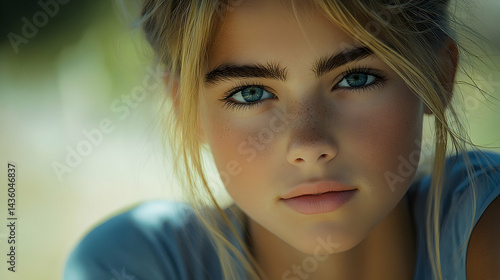 Close-up portrait of a young girl with light-colored hair and piercing blue eyes.
