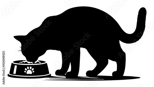 A black and white silhouette of a cat eating food from a cat bowl on a white background. Vector graphics. EPS