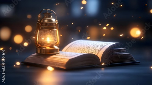 A glowing oil lamp rests atop an open, ancient book, illuminated by warm, ambient light and sparks