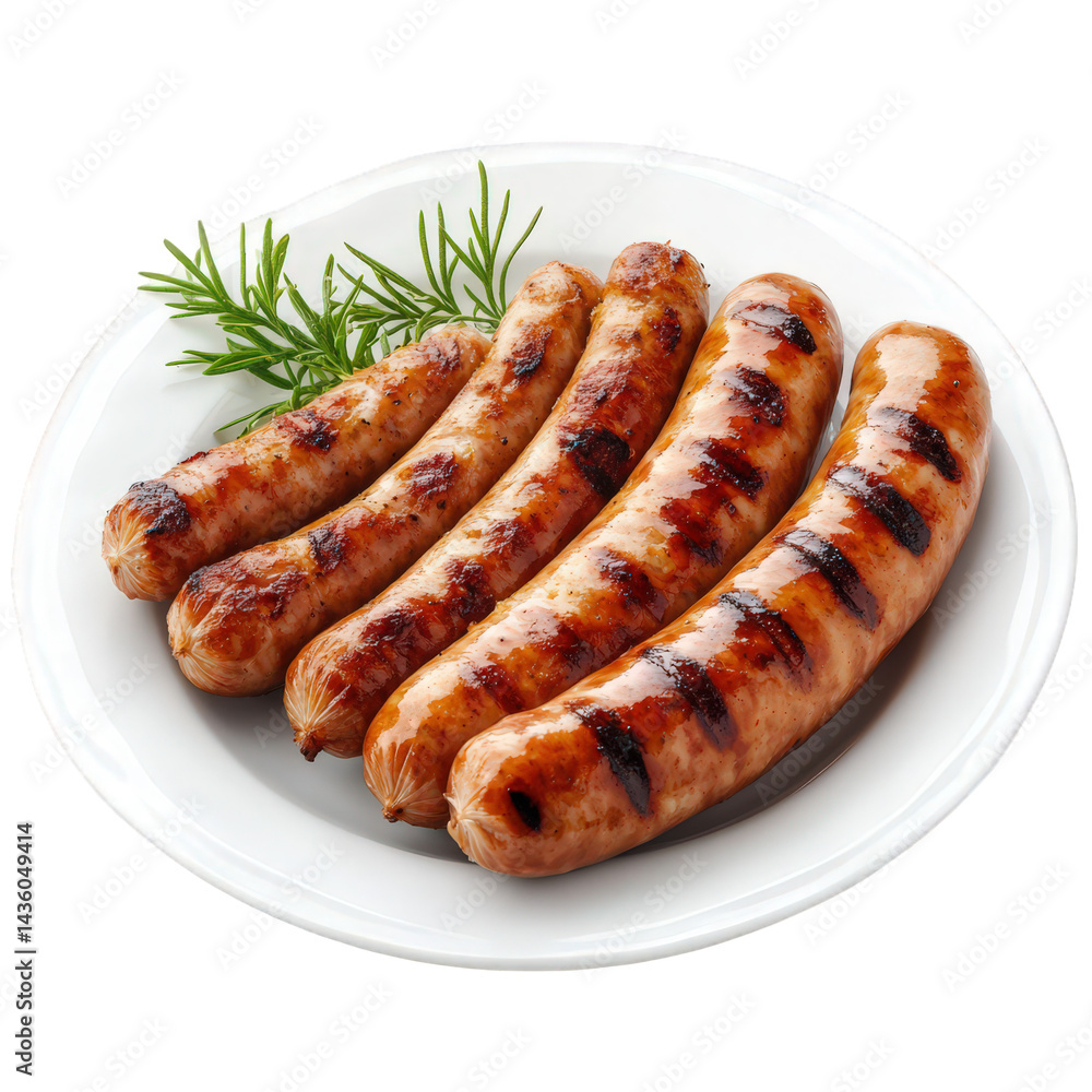 plate of grilled sausages. showcasing their golden-brown color and charred grill marks. garnished with a sprig of fresh herbs this appetizing presentation highlights the deliciousness of the sausages. plate of grilled sausages. showcasing their golden-brown color and charred grill marks. garnished with a sprig of fresh herbs this appetizing presentation highlights the deliciousness of the sausages.
