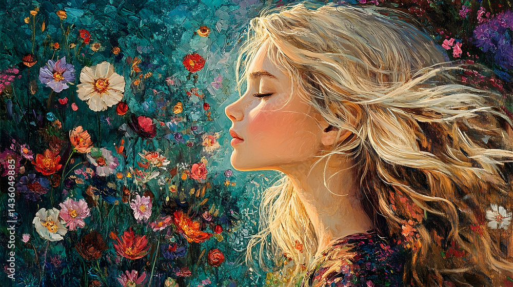 Naklejka premium A young woman with blonde hair, amidst vibrant wildflowers.