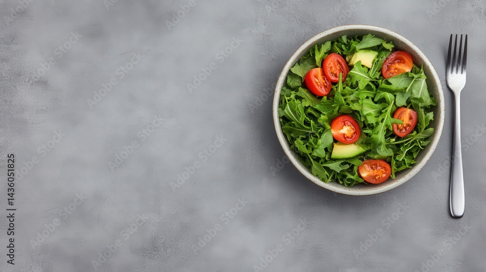 Fresh and Healthy Salad Bowl Served with Fork on a Gray Office Desk Perfect for Lunch or Snack Break in a Work Environment Fresh and Healthy Salad Bowl Served with Fork on a Gray Office Desk Perfect for Lunch or Snack Break in a Work Environment