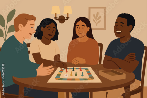 Four friends gathered around a table, playing a board game and enjoying their leisure time together