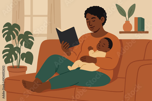 Father reading book while cradling sleeping infant on living room sofa, nurturing parental bonding moment