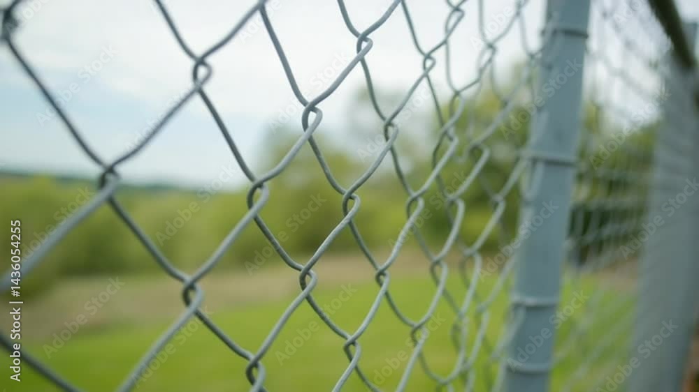 Close-up Mesh Fence with Green Landscape and Blue Sky Background Close-up Mesh Fence with Green Landscape and Blue Sky Background