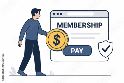 Vector illustration of online membership payment. User inserting dollar coin into secure subscription interface with pay button. Ideal for e-commerce, financial tech visuals.