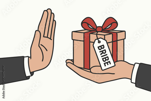 Anti-corruption concept vector art: Hand making stop gesture refuses bribe offered in gift box. Illustrates business ethics, integrity, rejecting illegal payments, saying no.