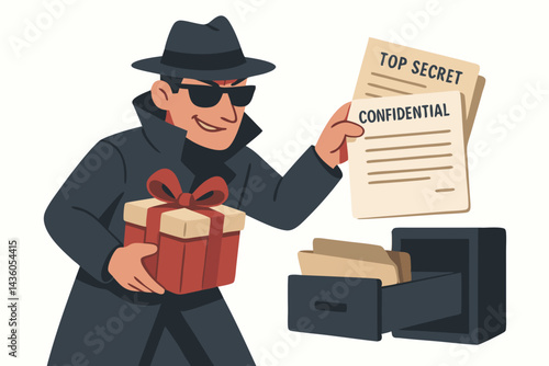 Vector illustration of a sneaky spy agent holding a gift box and top secret confidential documents from a filing cabinet. Concept for espionage, corporate bribery, data theft, and security risks.