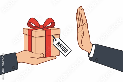 Vector illustration showing a hand gesturing stop to refuse a bribe presented as a gift box. Concept highlights anti-corruption, rejecting illegal payments, and maintaining business ethics.