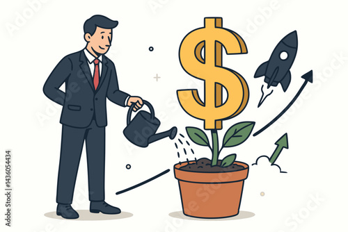Investment growth and financial success concept. Businessman nurturing a dollar sign money plant with a watering can. Rocket and upward arrow symbolize profit increase and startup launch vector.