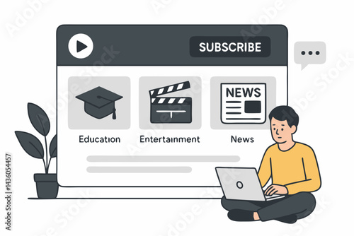 Flat design concept of online streaming media subscription service. User with laptop accessing video on demand platform with diverse content categories like education, movies, news.